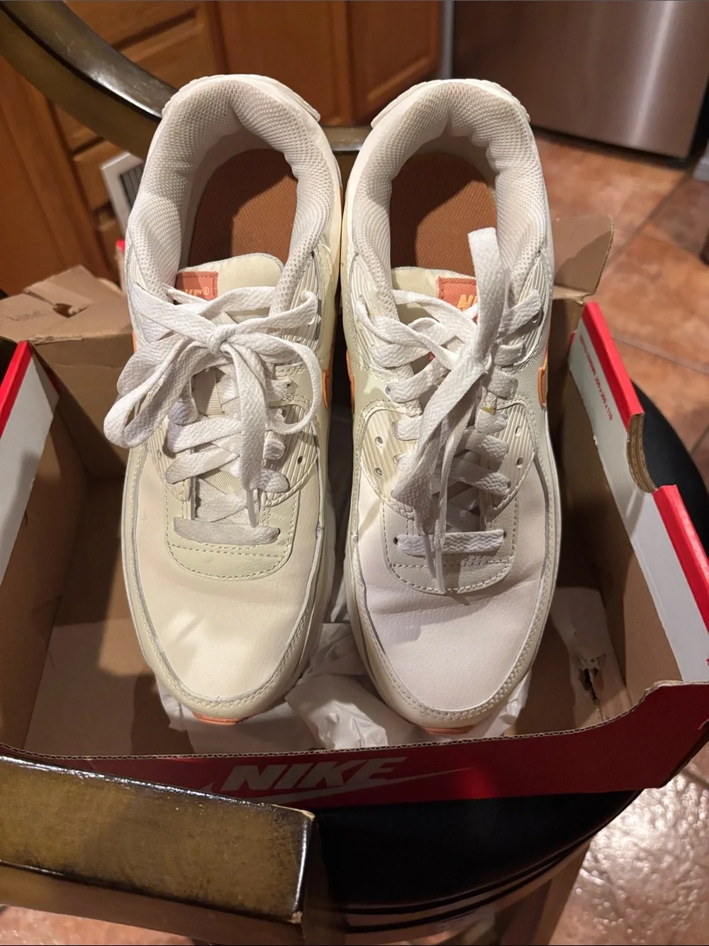 Nike Big Kids 7Y White Sneakers with Peach Swoosh and Mint Heel
